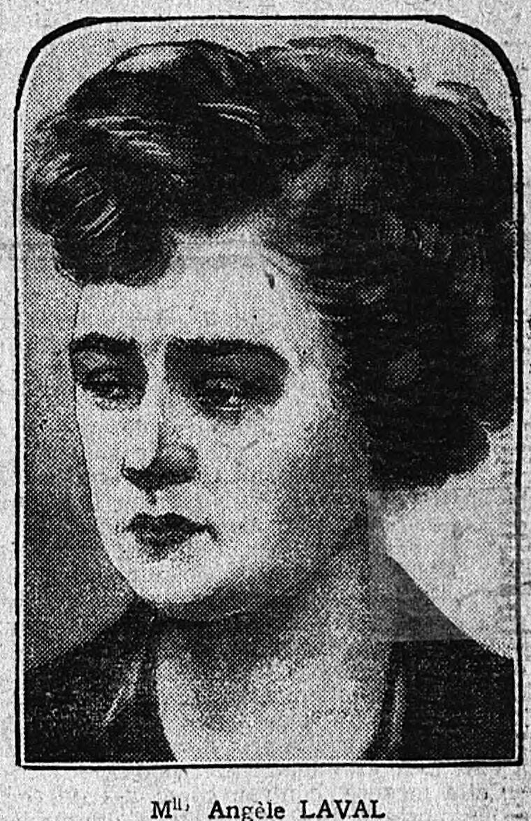 Portrait imprimé en une d'un journal de 1922 : jeune femme aux cheveux bruns relevés, regard baissé, dans un cadre arrondi, légendé « Mlle Angèle LAVAL ».