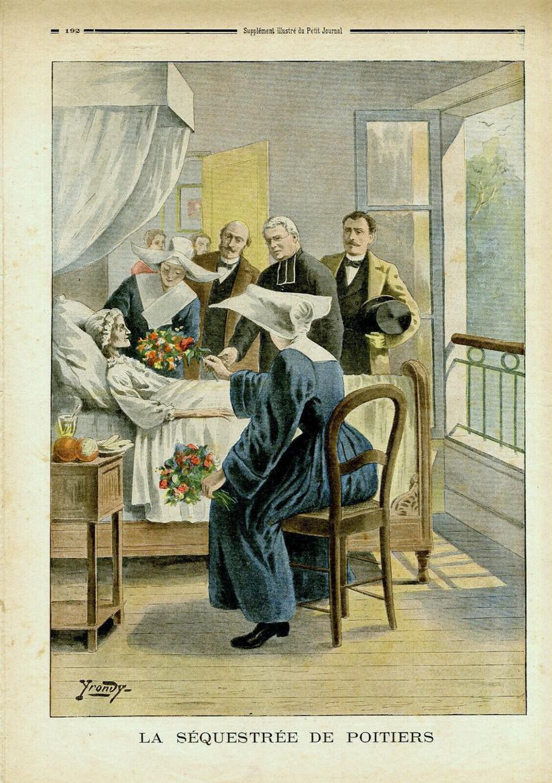 Illustration de presse de 1901 représentant Blanche Monnier alitée, entourée de personnes venues constater son état après sa découverte.
