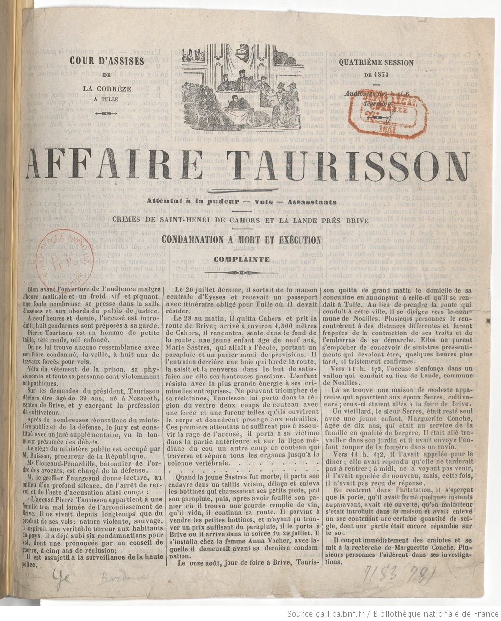 Page imprimée de 1874 : sous une petite gravure représentant une audience de cour d'assises, le titre « Affaire Taurisson » en grandes capitales, suivi de mentions sur la cour d'assises de la Corrèze à Tulle et de trois colonnes de texte.